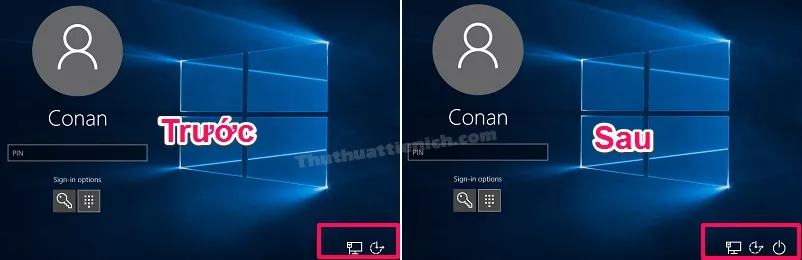 Ảnh minh họa trước và sau khi ẩn nút tắt máy trên màn hình đăng nhập Windows 10