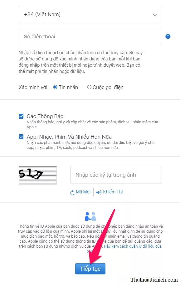 Biểu mẫu đăng ký tài khoản Apple ID