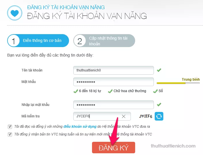 Biểu mẫu đăng ký tài khoản VTC