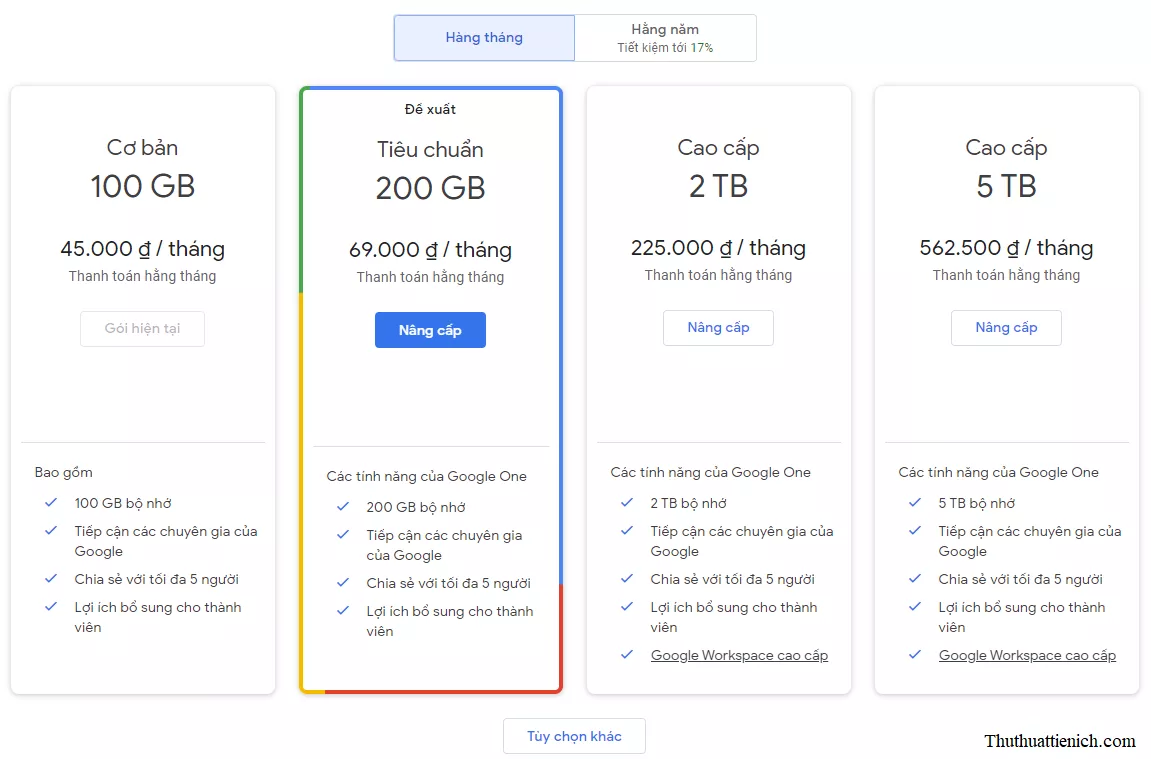 Các gói dung lượng Google One