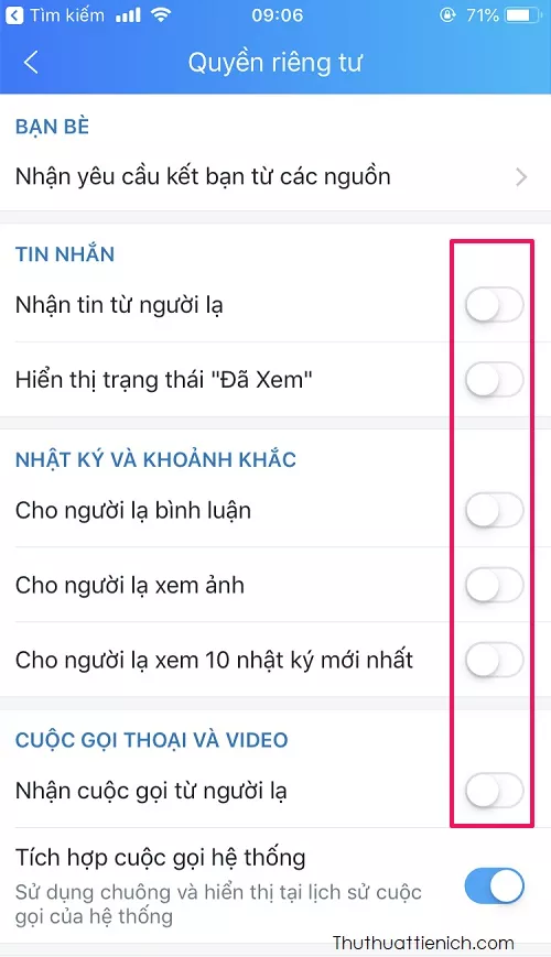 Các tùy chọn quyền riêng tư khác trên Zalo