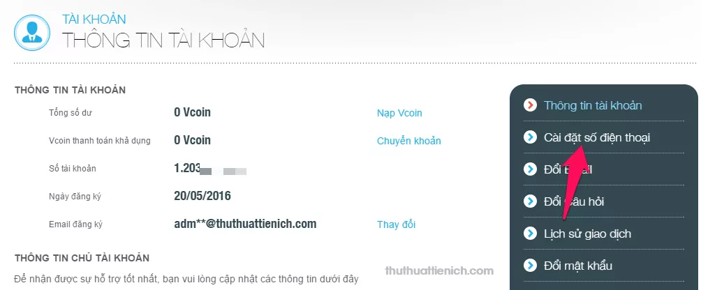 Cài đặt số điện thoại