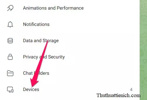 Cài đặt Telegram Web với mục Devices được chọn để quản lý phiên đăng nhập