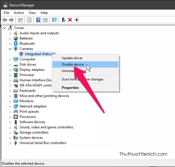 Cameras → Integrated Webcam → Disable device
