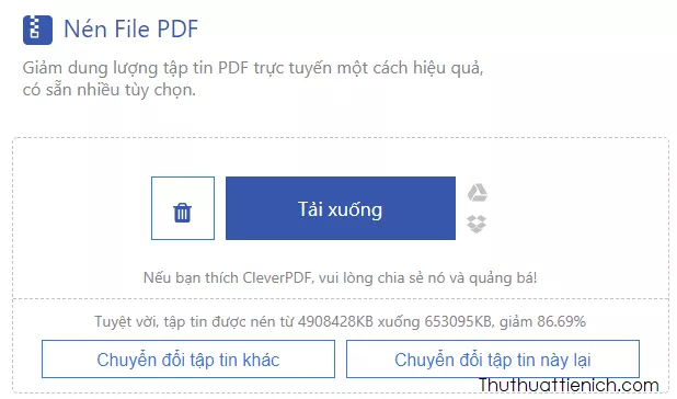 Chi tiết kết quả nén file PDF với dung lượng giảm 86,69%