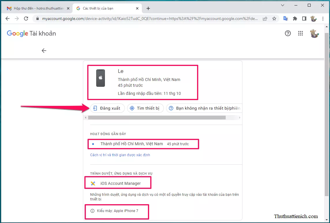 Chi tiết thiết bị đăng nhập và nút đăng xuất Gmail