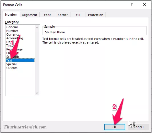 Chọn định dạng Text trong hộp thoại Format Cells của Excel