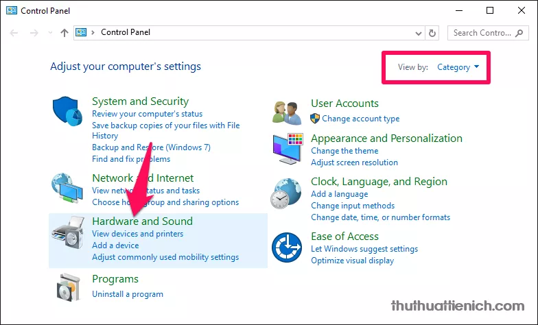 Chọn Hardware and Sound trong Control Panel