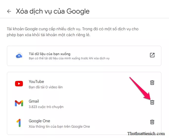 Chọn xóa dịch vụ Gmail