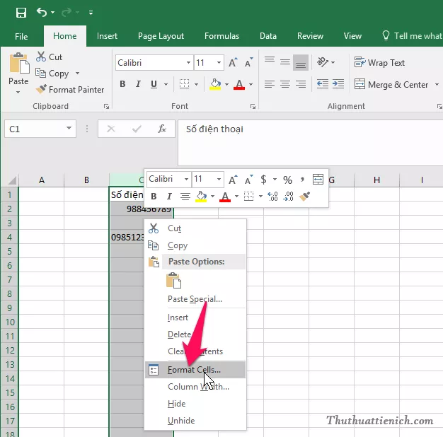 Click chuột phải và chọn Format Cells trong Excel