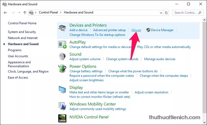 Click vào Mouse trong Devices and Printers