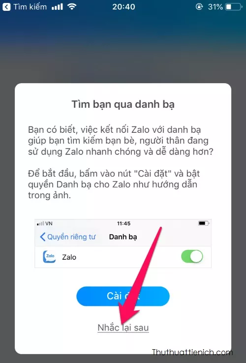 Đăng ký Zalo trên điện thoại - Bước 6 - Đồng bộ danh bạ