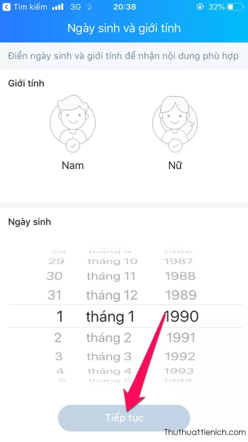 Đăng ký Zalo trên điện thoại - Bước 6 - Ngày sinh & Giới tính