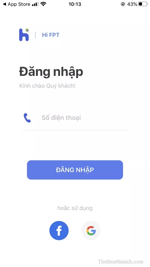 Đăng nhập ứng dụng Hi FPT bằng số điện thoại