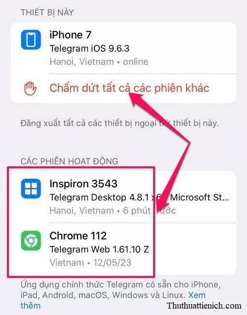 Danh sách các thiết bị đang đăng nhập vào Telegram trên iPhone