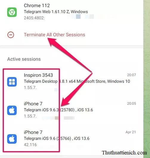Danh sách phiên hoạt động trên Telegram Web, cho phép chấm dứt phiên cụ thể