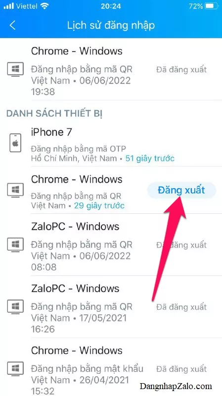 Danh sách thiết bị đăng nhập Zalo và nút Đăng xuất
