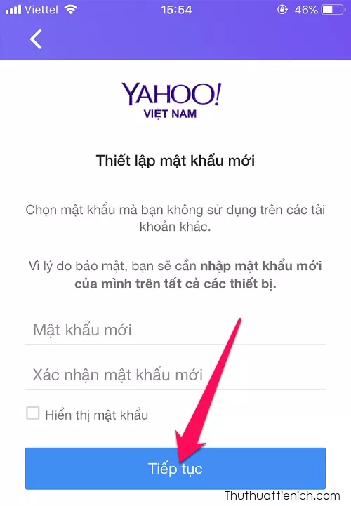 Đổi mật khẩu Yahoo Mail trên điện thoại - Nhập mật khẩu mới