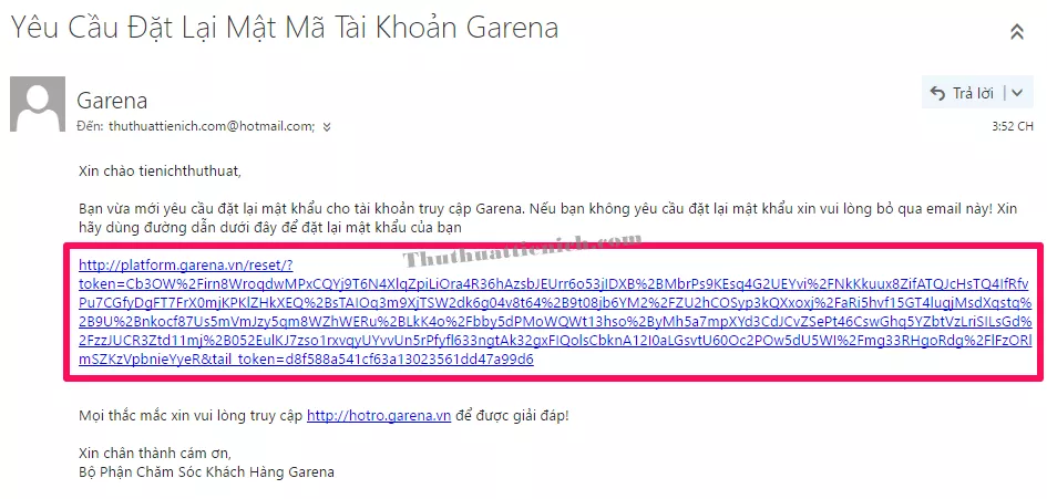 Email từ Garena chứa liên kết đặt lại mật khẩu