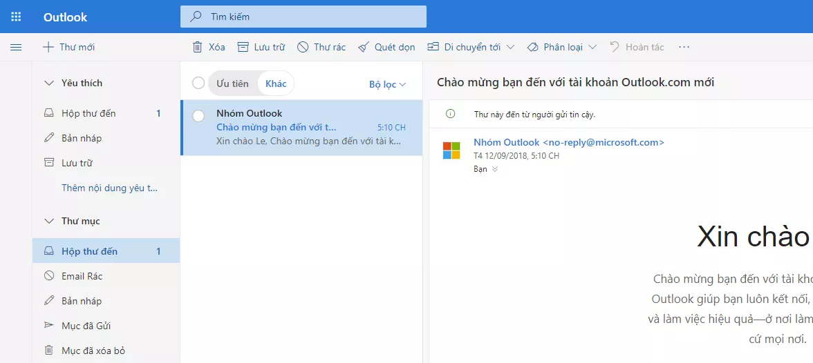 Giao diện hòm thư Outlook sau khi đăng ký thành công