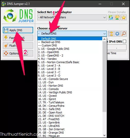 Giao diện phần mềm DNS Jumper