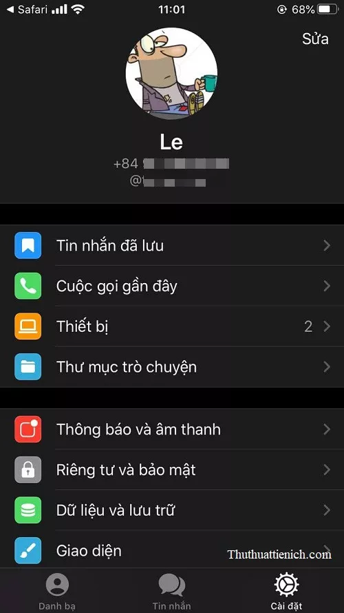 Giao diện Telegram trên điện thoại sau khi chuyển sang tiếng Việt