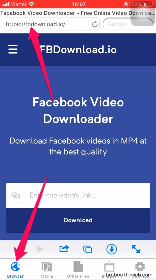 Giao diện trang web FBdownload.io trên ứng dụng MyMedia