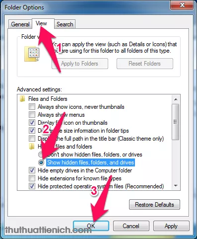 Hiển thị file ẩn trong Folder Options
