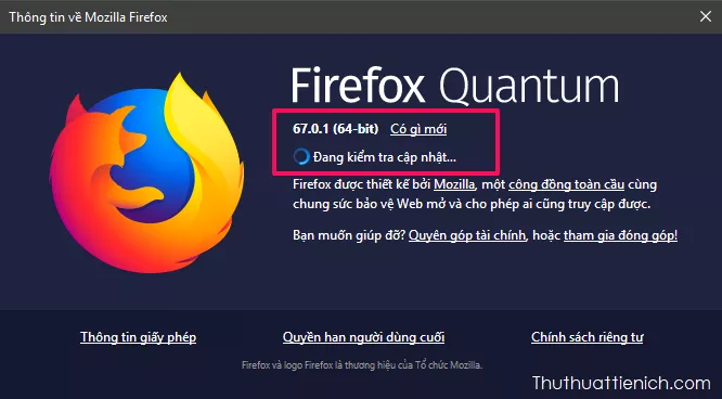 Hiển thị giao diện kiểm tra và cập nhật phiên bản Firefox