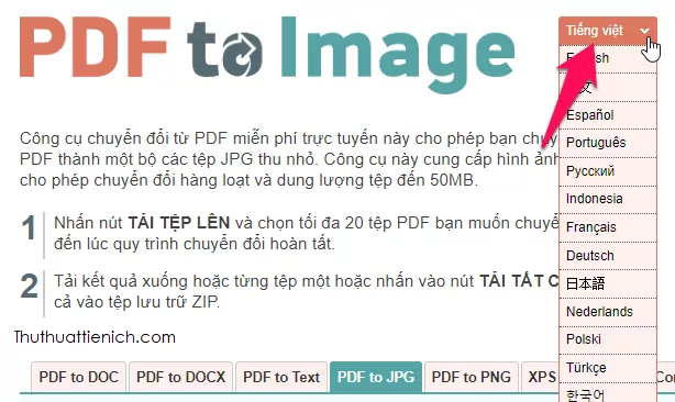 Hướng dẫn chọn ngôn ngữ tiếng Việt trên PDFtoimage