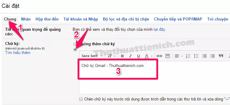 Khung nhập chữ ký Gmail trên máy tính