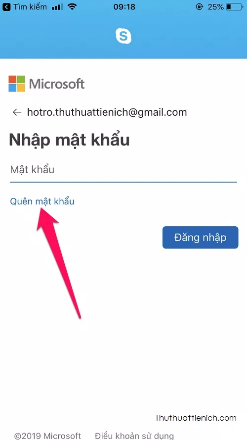 Lựa chọn Quên mật khẩu trên giao diện ứng dụng Skype điện thoại