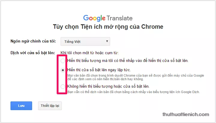 Lưu cài đặt Google Dịch