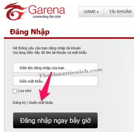 Màn hình đăng nhập Garena, hiển thị nút Quên mật khẩu