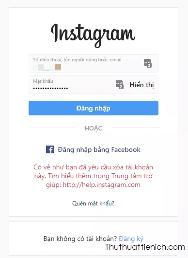 Màn hình đăng nhập Instagram sau khi tài khoản đã bị xóa vĩnh viễn