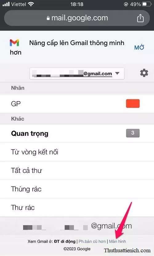 Menu cài đặt Gmail trên điện thoại