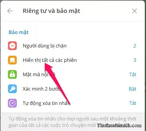 Menu cài đặt Telegram Desktop trên PC với mục Hiển thị tất cả các phiên được chọn