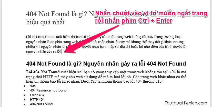 Minh họa cách thêm trang mới bằng phím tắt Ctrl + Enter trong Word