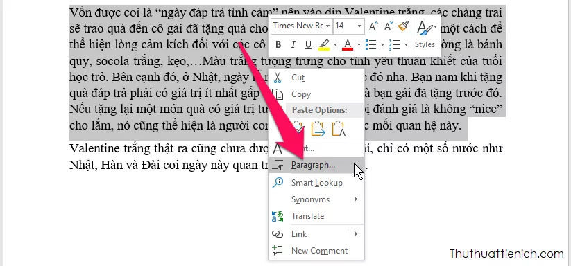 Mở hộp thoại Paragraph bằng click chuột phải