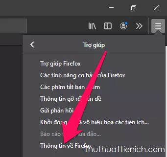 Mô tả cách chọn mục Trợ giúp và Thông tin về Firefox trong trình duyệt