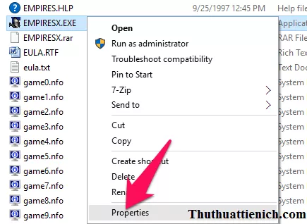 Mô tả cách mở cửa sổ Properties của file game