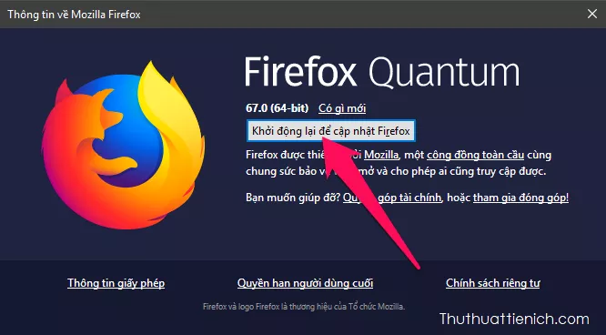 Mô tả nút khởi động lại Firefox sau khi cập nhật