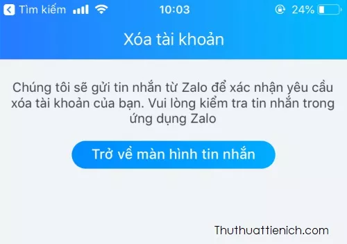 Mô tả thao tác nhận tin nhắn xác nhận từ Zalo