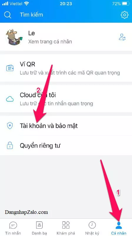 Mở ứng dụng Zalo, chọn tab Cá nhân và Tài khoản và bảo mật