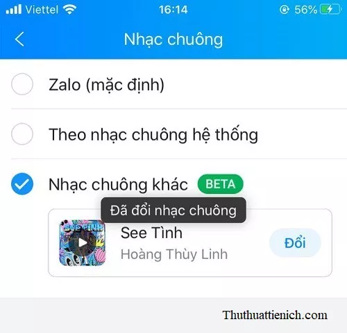 Nhạc chuông Zalo đã được thay đổi thành công