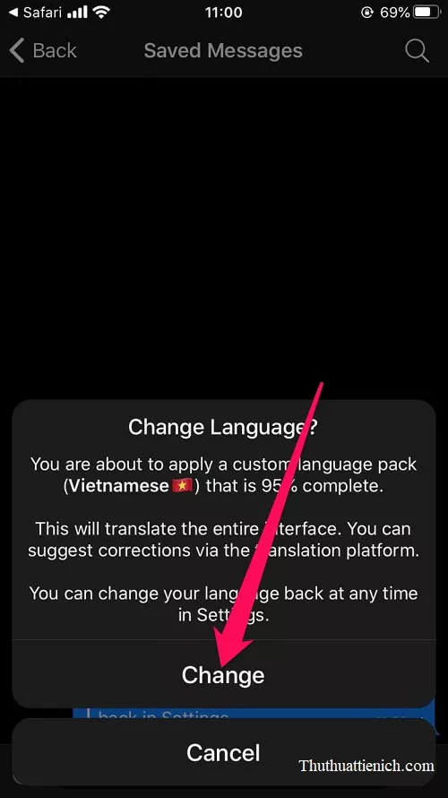 Nhấn nút "Set Language" và mở ứng dụng Telegram