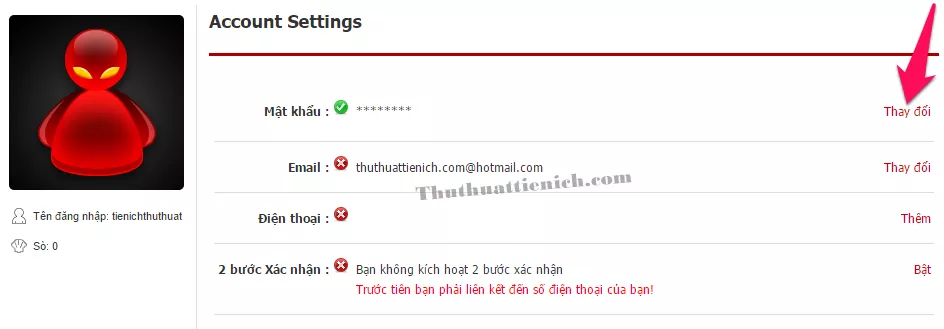 Nhấn nút Thay đổi bên phải phần Mật khẩu