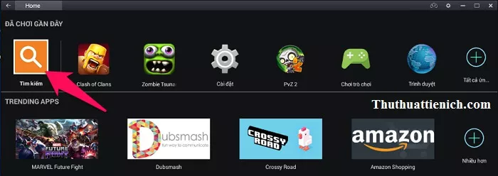 Nhấn nút Tìm kiếm tại trang chủ phần mềm Bluestacks