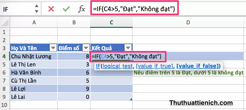 nhập công thức hàm IF