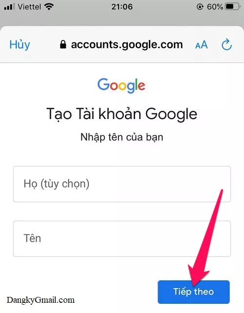 Nhập họ tên khi đăng ký Gmail trên điện thoại